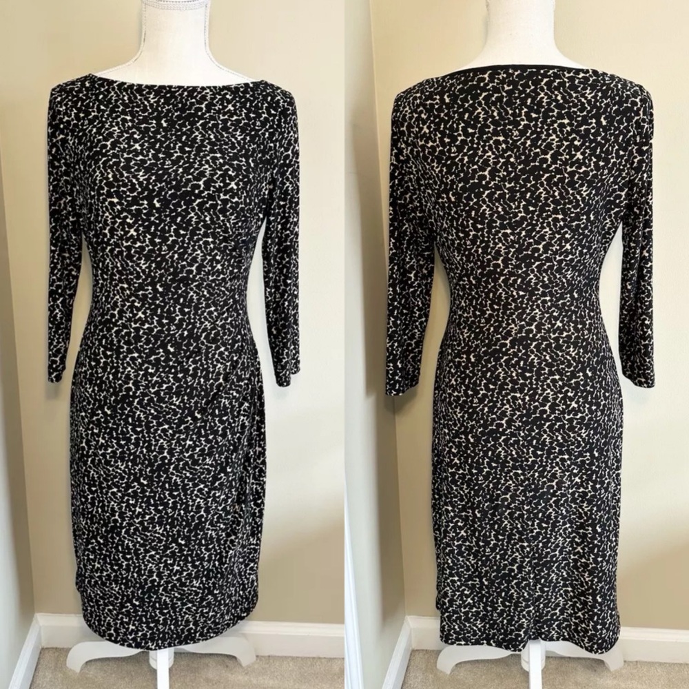Lauren Ralph Lauren Dress 4 Black Beige Printed Ruched Half Sleeve Boat Neck